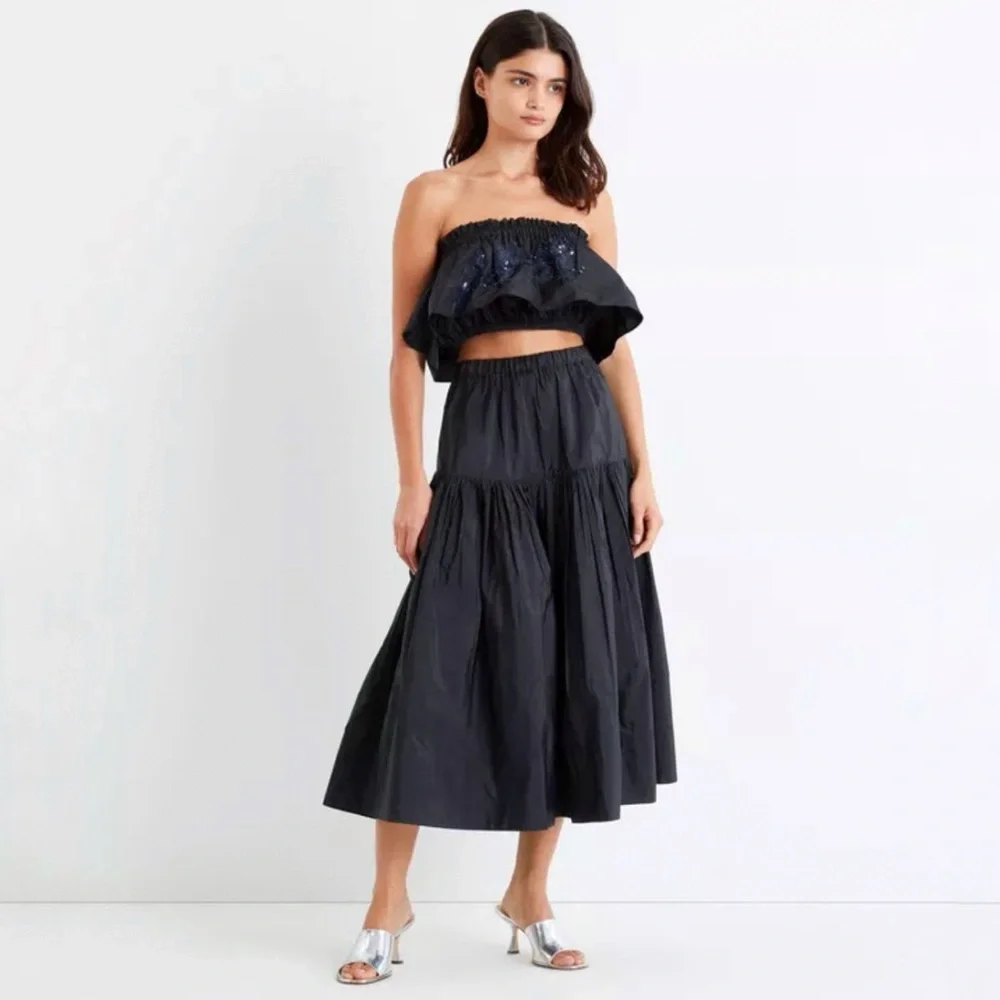 TANYA TAYLOR BLACK TIERED TAFETTA LARA MIDI SKIRT pull on stretchy waist - Picture 3 of 10